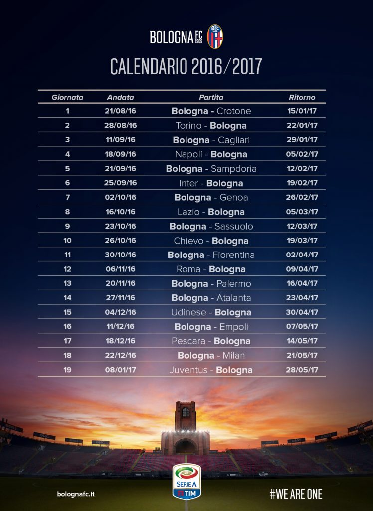 Calendario debutto col Crotone. La Juventus all’ultima Bolognafc