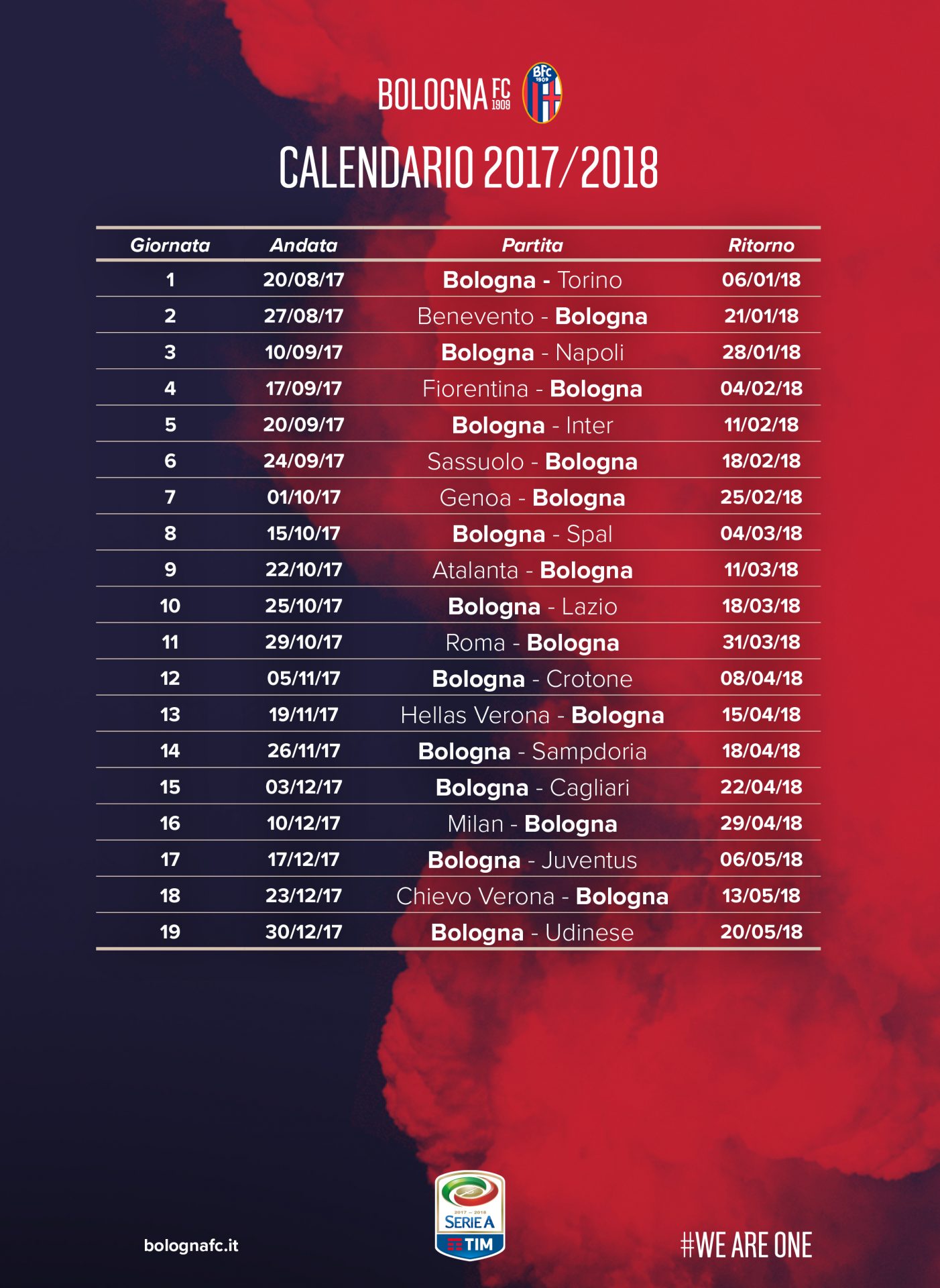 Il calendario del campionato di Serie A 201718 Bolognafc Il calendario del campionato di Serie A 201718 Bolognafc